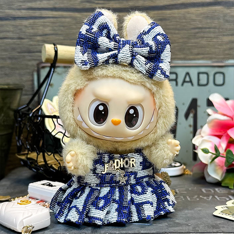 Labubu Outfit – “J’Ador DIOR Monogram Dress Set: Blue Edition” (Fits 17cm Labubu Macron / Have a Seat / Big into Energy)