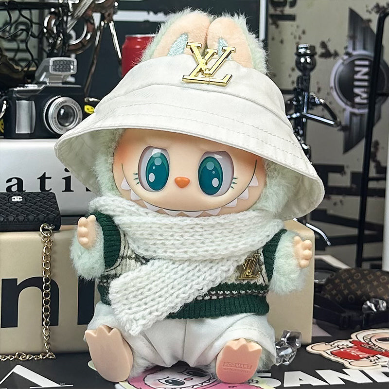 Labubu Outfit – “Golden LV Bucket Hat Set” (Fits 17cm Labubu Macaron / Have a Seat / Big into Energy)