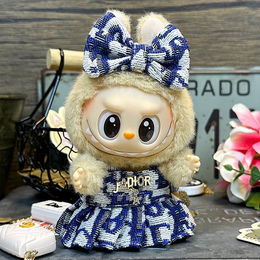 Labubu Outfit – “J’Ador DIOR Monogram Dress Set: Blue Edition” (Fits 17cm Labubu Macron / Have a Seat / Big into Energy)