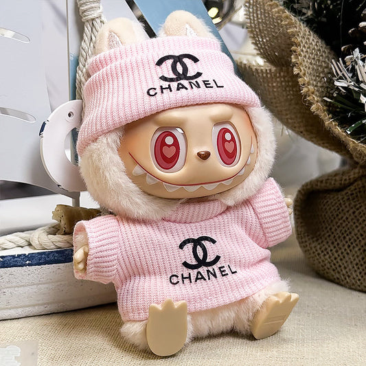 Labubu Outfit – “Chanel Rose Monogram Knit Set” (Fits 17cm Labubu Macron / Have a Seat / Big into Energy)