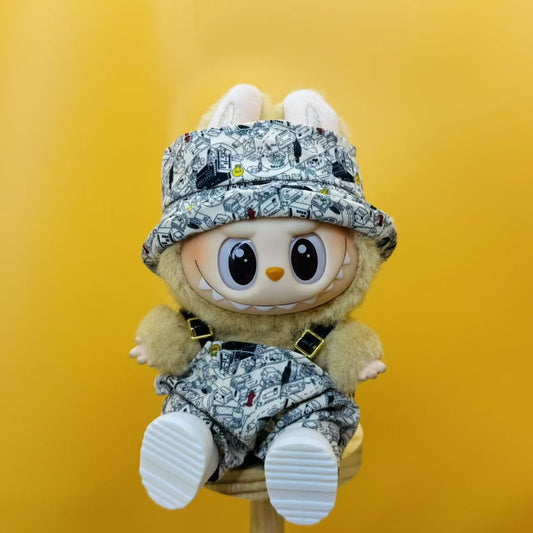 Labubu Outfit – Dior "Toile de Jouy" Bucket Hat & Overalls Set (Fits 17cm Labubu Macron / Have a Seat / Big into Energy)