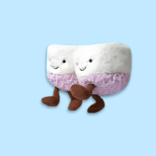 Plush toy resembling a marshmallow with a bear on a light blue background