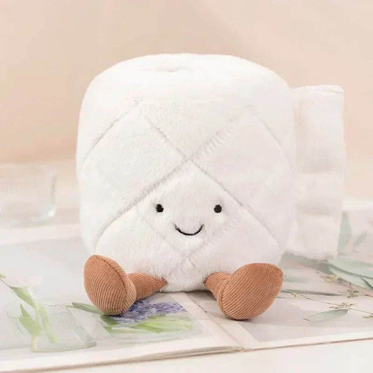 White cloud-shaped plush toy with a smiling face on a light background